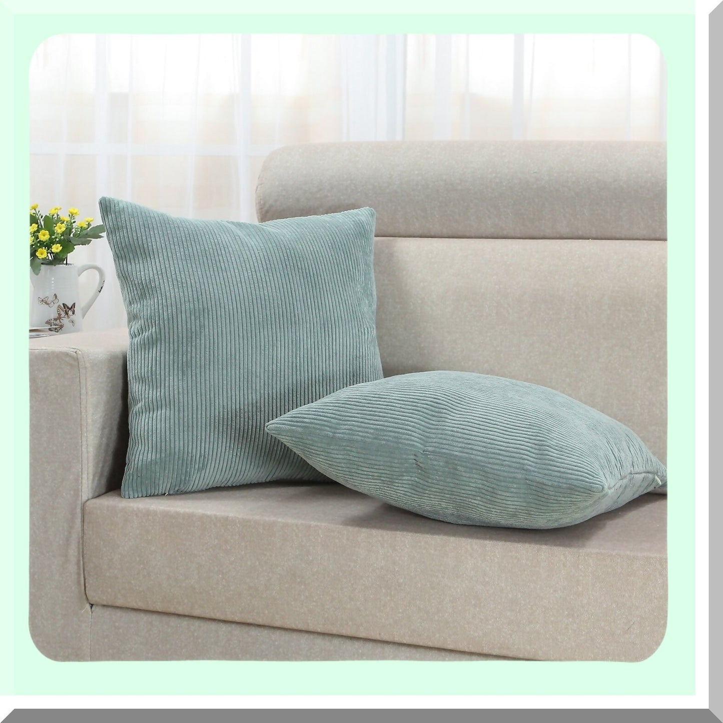 Ultra Soft Corduroy Striped Throw Pillow Covers - Set of 2 Cozy Cases for Couch Bed Sofa, 18x18 Inches, Duck Egg Blue - Decorative Cushion Cover
