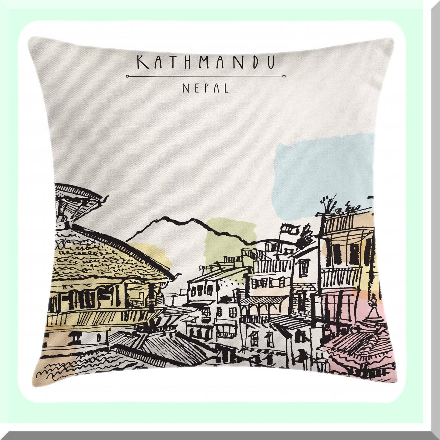 Himalayan Heritage Decorative Pillow Cover - Hand Drawn Kathmandu Tourist Attraction Design - Square Accent Cushion Case - 18" X 18" - Multicolor