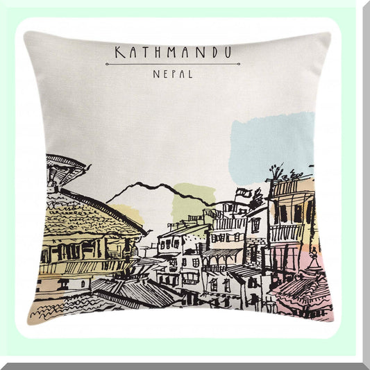 Himalayan Heritage Decorative Pillow Cover - Hand Drawn Kathmandu Tourist Attraction Design - Square Accent Cushion Case - 18" X 18" - Multicolor