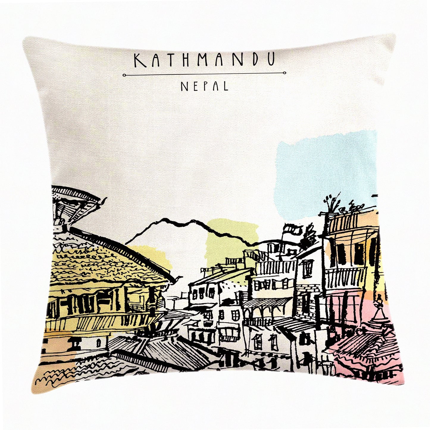 Himalayan Heritage Decorative Pillow Cover - Hand Drawn Kathmandu Tourist Attraction Design - Square Accent Cushion Case - 18" X 18" - Multicolor