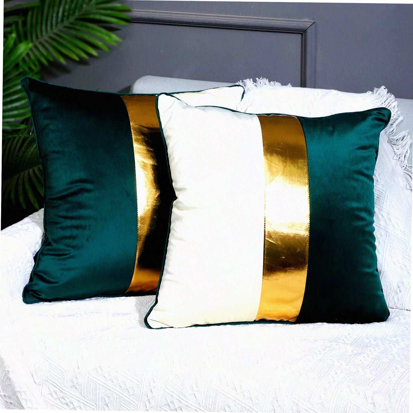 Luxury Patchwork Velvet Throw Pillow Set - Teal Beige Gold Cushion Cover - Modern Home Decor for Living Room, Bedroom, Car - 20x20 Inch Set of 2