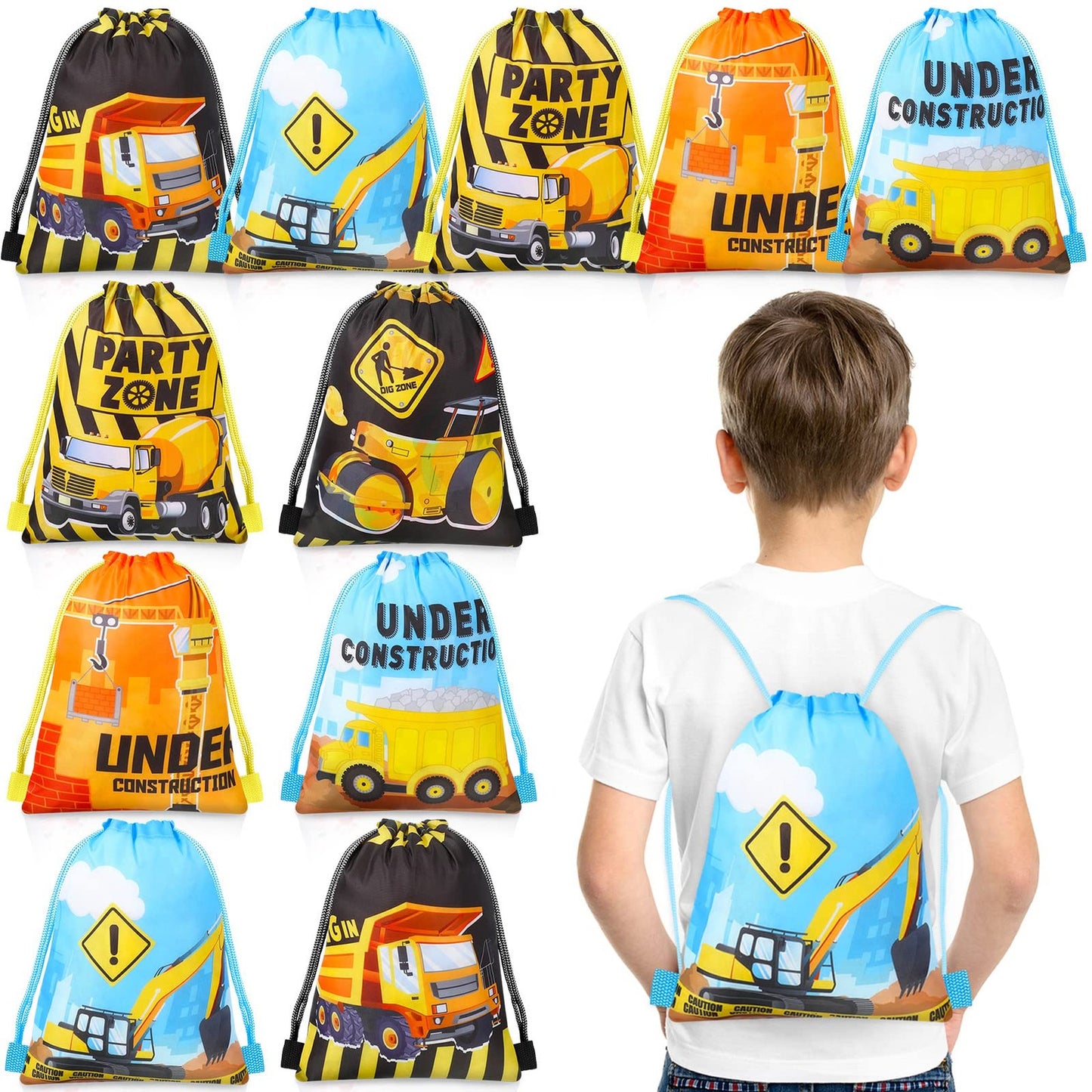 Construction Crew Goody Bags - 12 Pack Drawstring Backpacks & Mini Engineering Cars for Kids' Truck Car Birthday Party. Perfect Party Prizes!
