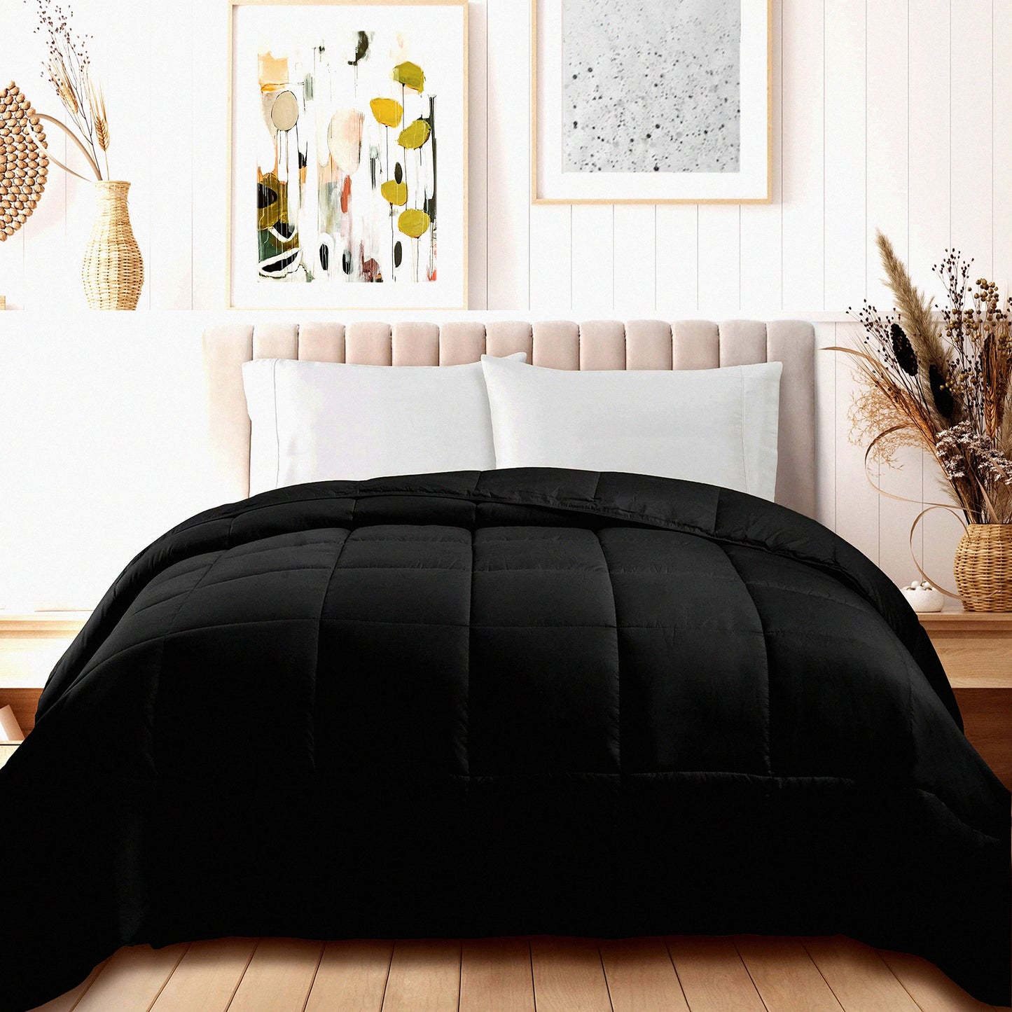 CozyPlush Lightweight Reversible Comforter - All-Season Duvet Insert with Box Quilt Design, Oversized Bedding for California Black Beds - Decorative & Fluffy