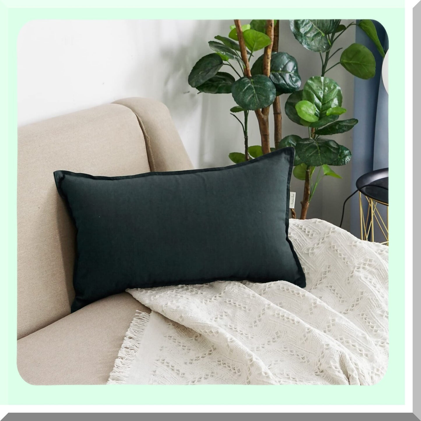 EcoChic Lumbar Pillow Cover - Cotton Linen Decorative Cushion Case with Twin Needle Stitching for Wedding, Party, Gift, Car - 12"x20" Dark Green