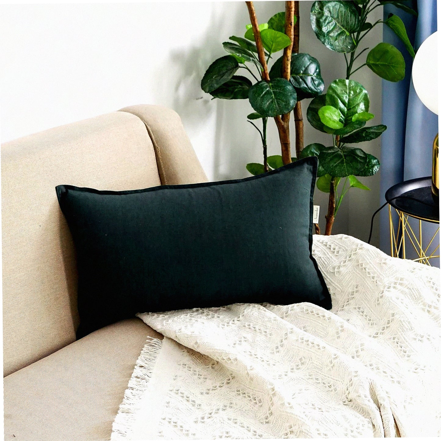 EcoChic Lumbar Pillow Cover - Cotton Linen Decorative Cushion Case with Twin Needle Stitching for Wedding, Party, Gift, Car - 12"x20" Dark Green