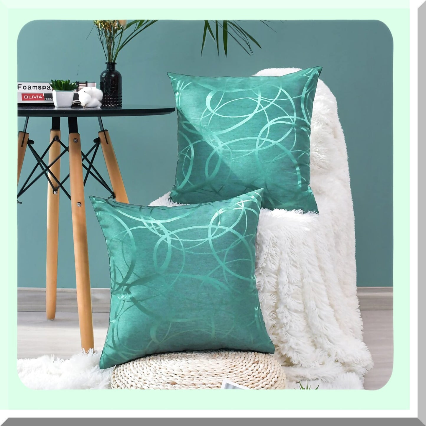 Turquoise Geometric Rings Cushion Covers - Set of 2 | Lightweight Square Throw Pillow Cases for Sofa, Couch, Bed, Chair - 18 X 18 Inches Home Decor