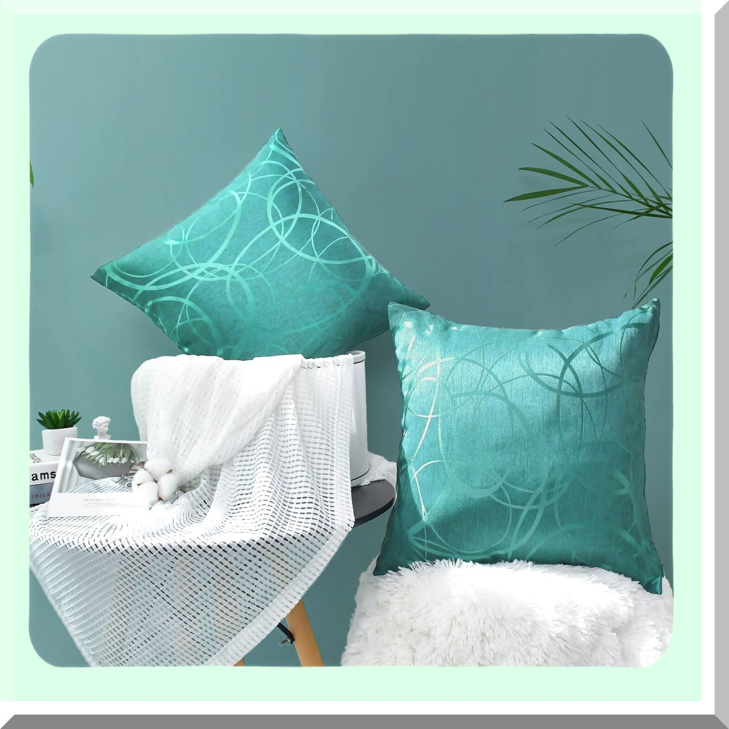 Turquoise Geometric Rings Cushion Covers - Set of 2 | Lightweight Square Throw Pillow Cases for Sofa, Couch, Bed, Chair - 18 X 18 Inches Home Decor