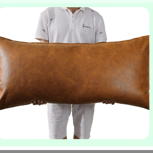 Boho Leather Lumbar Pillow Cover - Farmhouse Decor Cushion Case for Sofa Couch Bed - Modern Vegan Brown Throw Pillow - 20x30 Inch - 50x75 cm