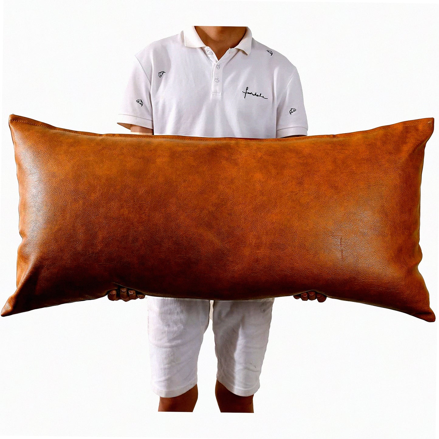 Boho Leather Lumbar Pillow Cover - Farmhouse Decor Cushion Case for Sofa Couch Bed - Modern Vegan Brown Throw Pillow - 20x30 Inch - 50x75 cm