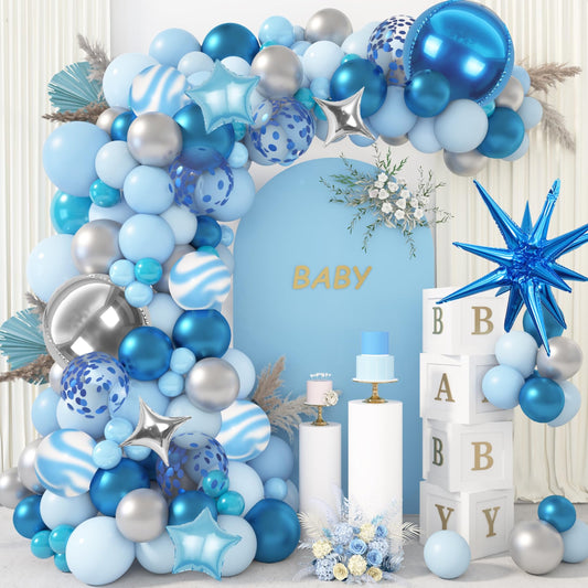 Blue Starburst Balloon Arch Kit - 150Pcs Dark & Light Blue Balloons with 4D F Star Confetti Balloon. Perfect for Boy Baby Shower, Ocean Themed Birthday, Weddings & Graduation Decor.