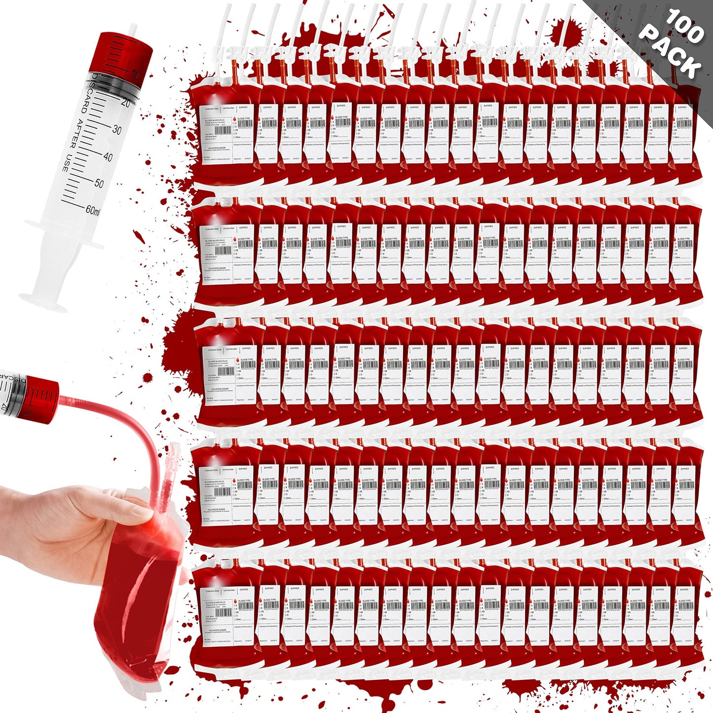 Zombie Blood Bag Drink Cups - 100 Pack Reusable Syringe & Clips Pouch Props for Hospital Theme Party Supplies - Containers for Drinks