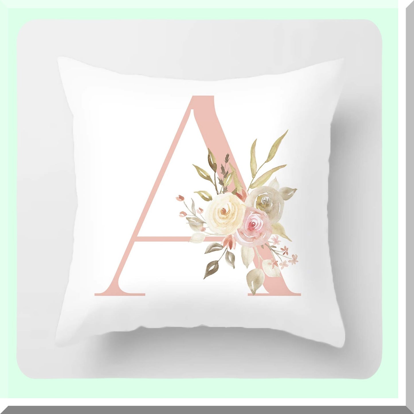 Floral Alphabet Letter A Velvet Pillow Cover - Soft Square Cushion Case for Outdoor Sofa, Bedding, Car & Home Decor - 18x18 Inch White Square