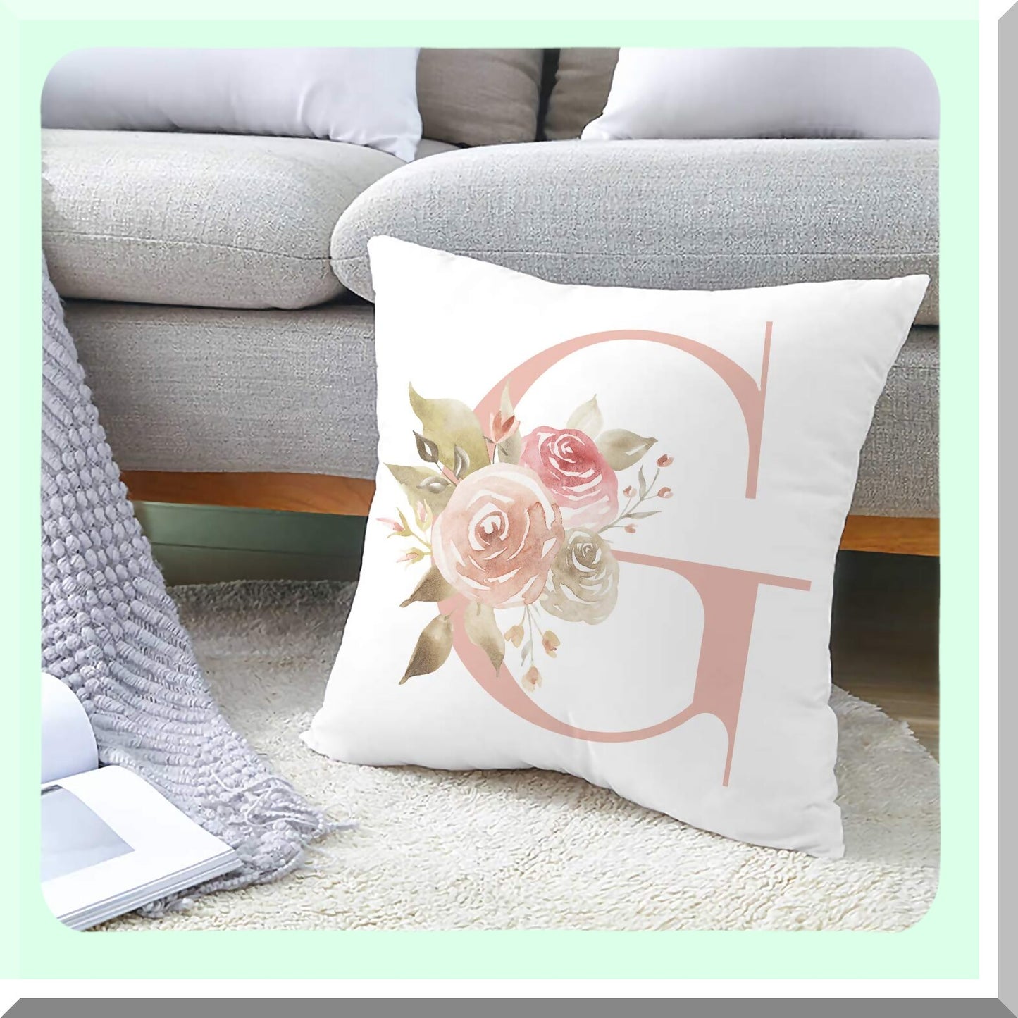 Floral Alphabet Letter A Velvet Pillow Cover - Soft Square Cushion Case for Outdoor Sofa, Bedding, Car & Home Decor - 18x18 Inch White Square