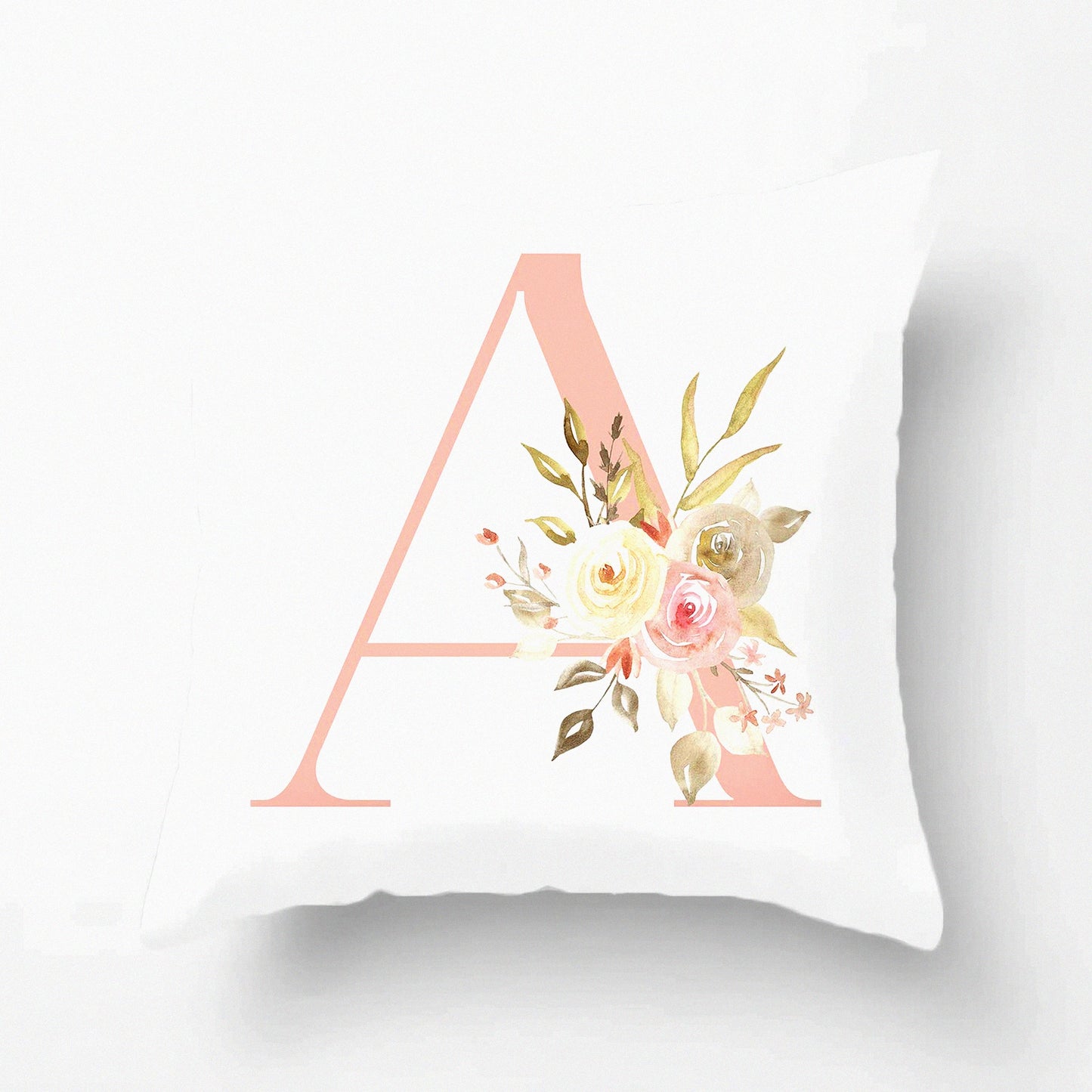 Floral Alphabet Letter A Velvet Pillow Cover - Soft Square Cushion Case for Outdoor Sofa, Bedding, Car & Home Decor - 18x18 Inch White Square