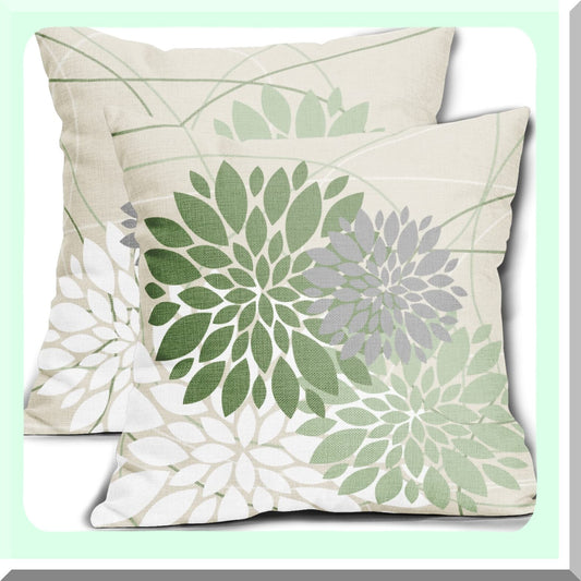 Spring Sage Green Dahlia Geometric Floral Pillow Covers - Set of 2 | Modern Farmhouse Linen Cushion Case for Home Bedroom Living Room Decor 18X18 Inch