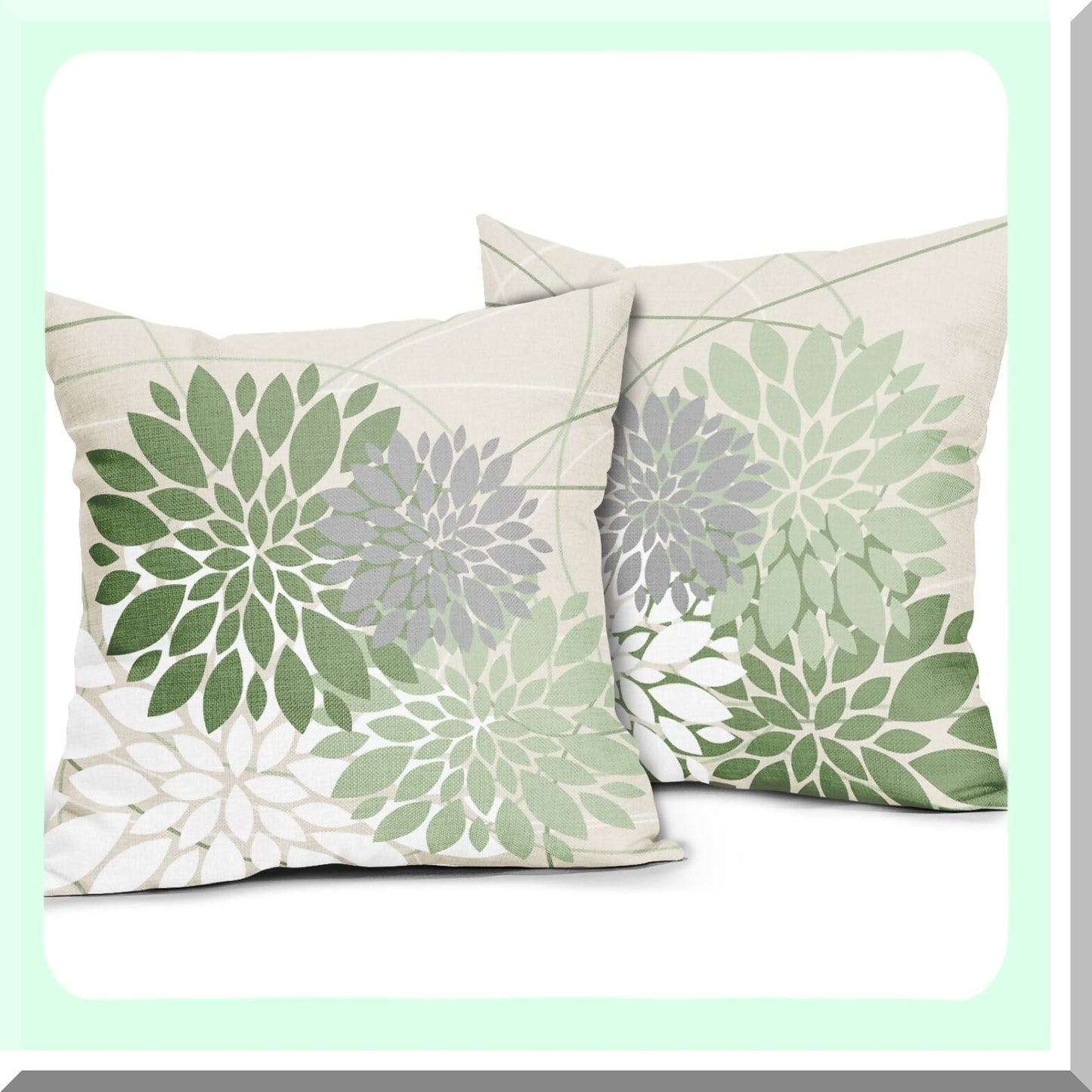 Spring Sage Green Dahlia Geometric Floral Pillow Covers - Set of 2 | Modern Farmhouse Linen Cushion Case for Home Bedroom Living Room Decor 18X18 Inch