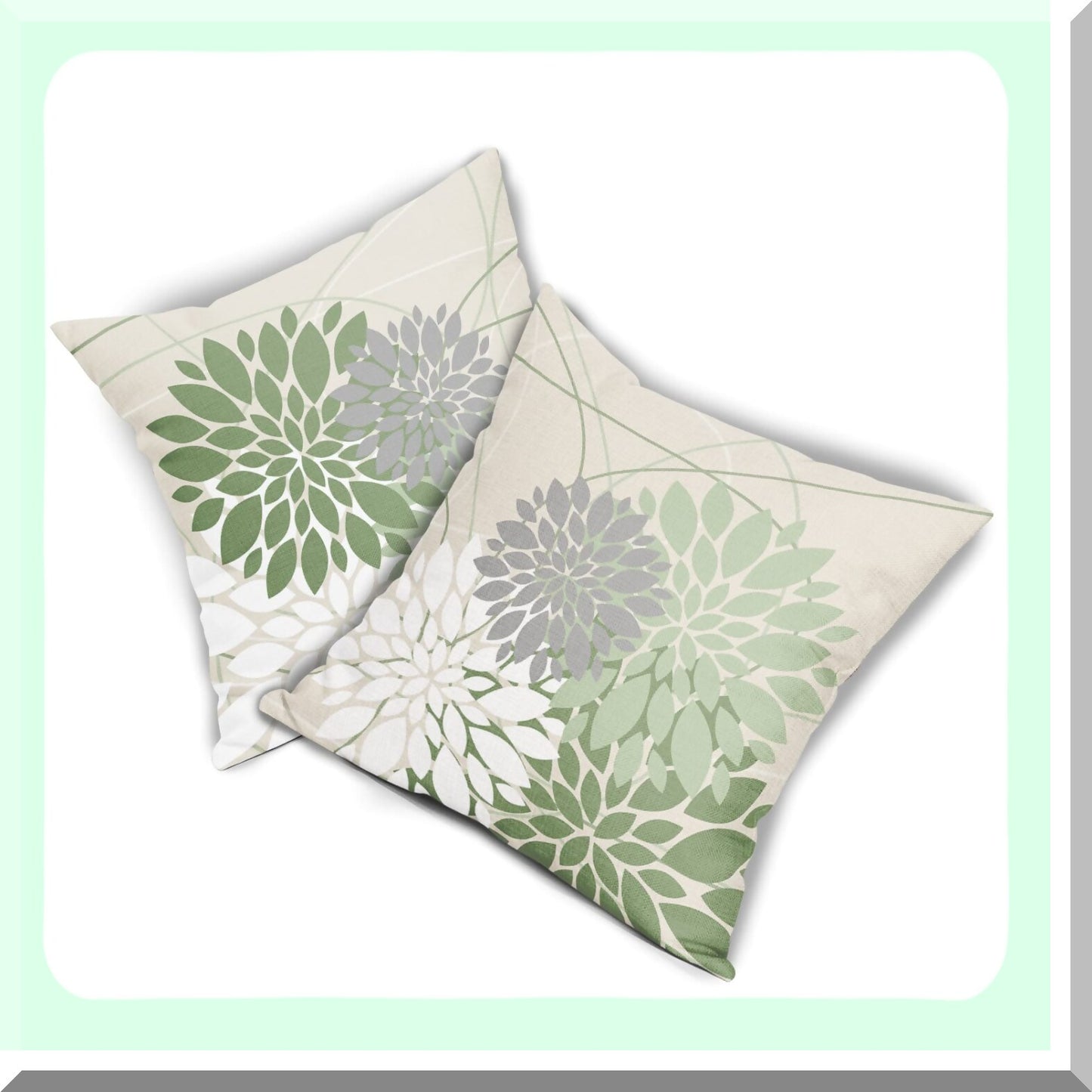 Spring Sage Green Dahlia Geometric Floral Pillow Covers - Set of 2 | Modern Farmhouse Linen Cushion Case for Home Bedroom Living Room Decor 18X18 Inch
