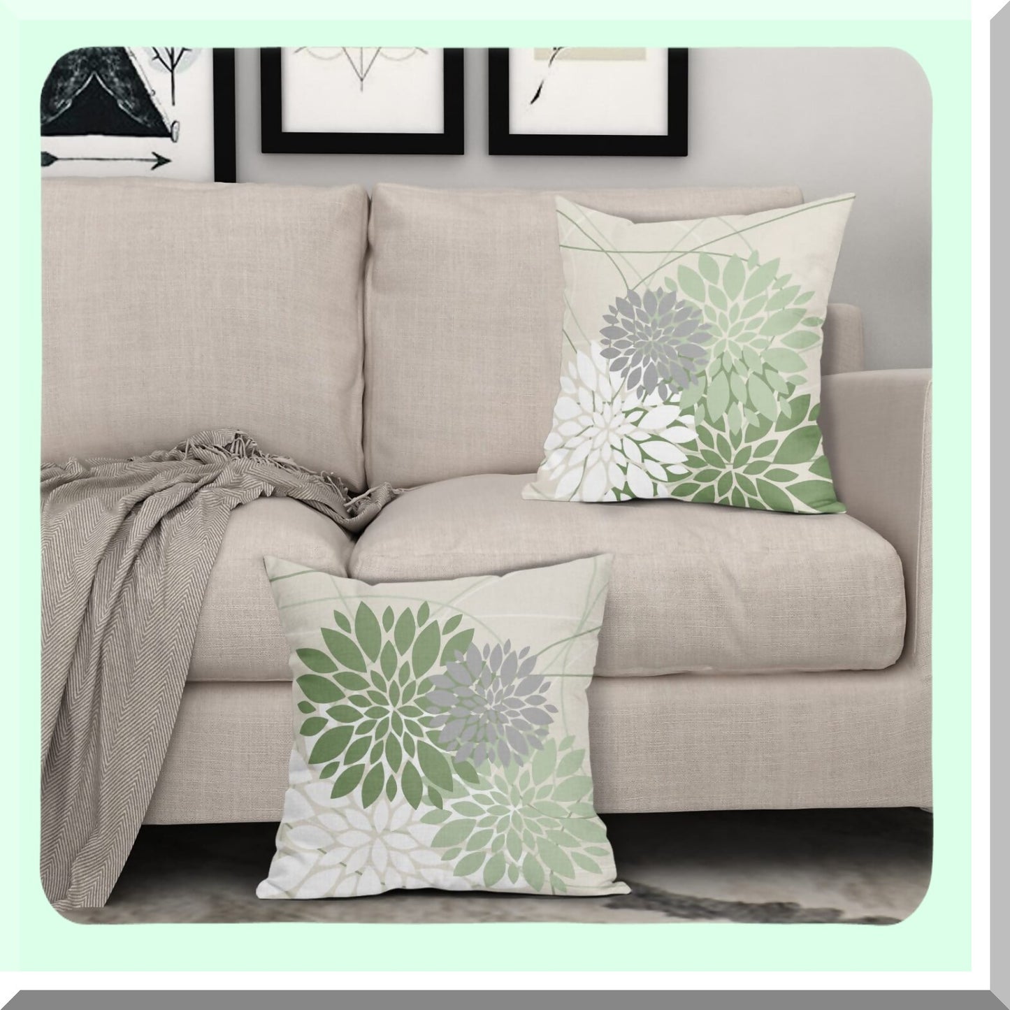 Spring Sage Green Dahlia Geometric Floral Pillow Covers - Set of 2 | Modern Farmhouse Linen Cushion Case for Home Bedroom Living Room Decor 18X18 Inch