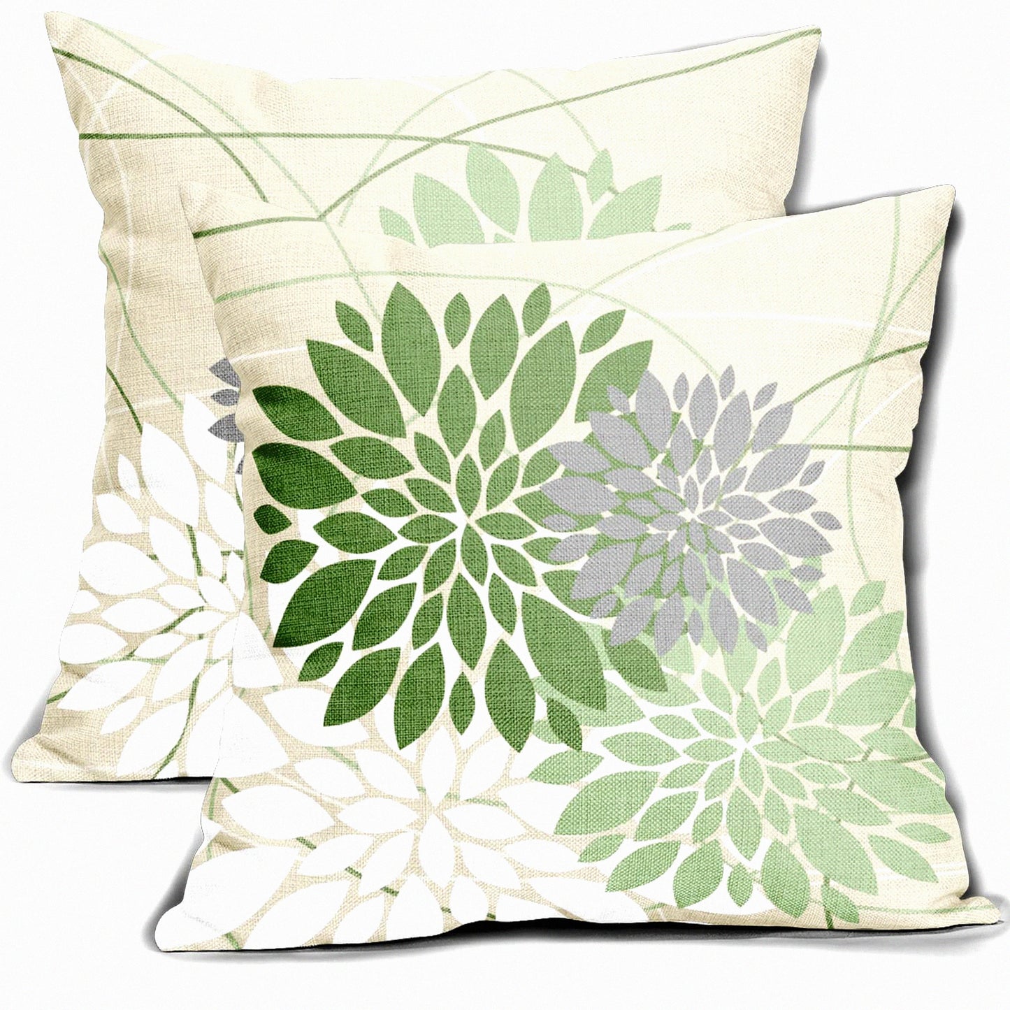 Spring Sage Green Dahlia Geometric Floral Pillow Covers - Set of 2 | Modern Farmhouse Linen Cushion Case for Home Bedroom Living Room Decor 18X18 Inch
