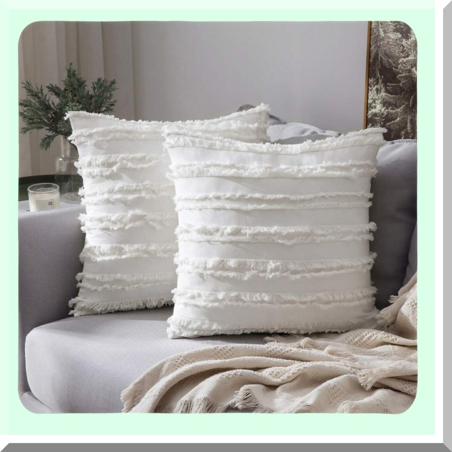 Boho Stripe Linen Pillow Covers - Set of 2 Decorative Jacquard Cushion Covers for Sofa Couch, Living Room, Bedroom - 18x18 Inch White