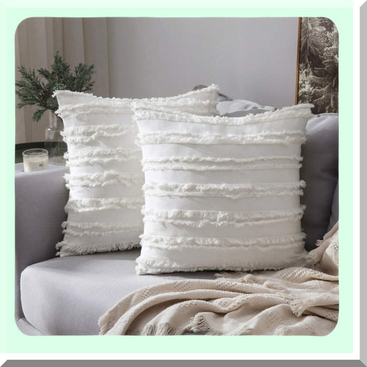 Boho Stripe Linen Pillow Covers - Set of 2 Decorative Jacquard Cushion Covers for Sofa Couch, Living Room, Bedroom - 18x18 Inch White