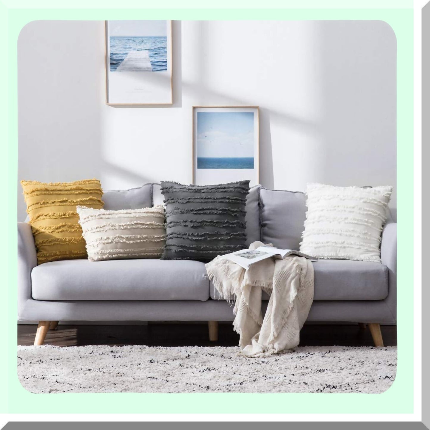 Boho Stripe Linen Pillow Covers - Set of 2 Decorative Jacquard Cushion Covers for Sofa Couch, Living Room, Bedroom - 18x18 Inch White