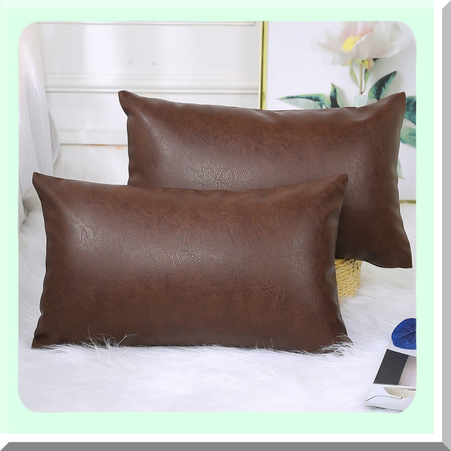 Luxury Leather Lumbar Pillow Covers - Set of 2 Dark Brown Boho Decorative Cushion Cases for Farmhouse Sofa Couch Bed - Modern Livingroom Decor