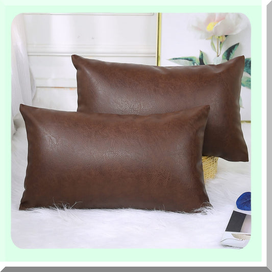 Luxury Leather Lumbar Pillow Covers - Set of 2 Dark Brown Boho Decorative Cushion Cases for Farmhouse Sofa Couch Bed - Modern Livingroom Decor