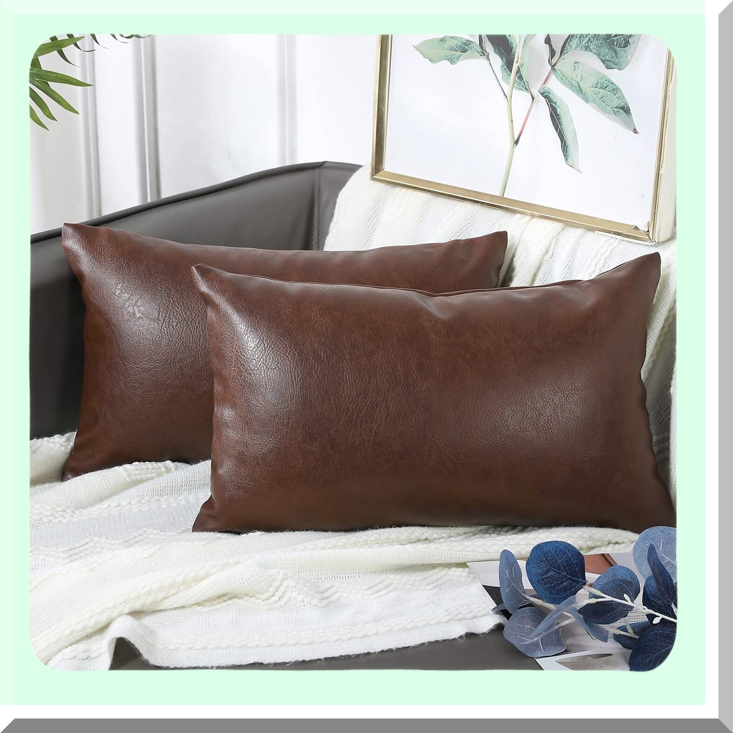 Luxury Leather Lumbar Pillow Covers - Set of 2 Dark Brown Boho Decorative Cushion Cases for Farmhouse Sofa Couch Bed - Modern Livingroom Decor