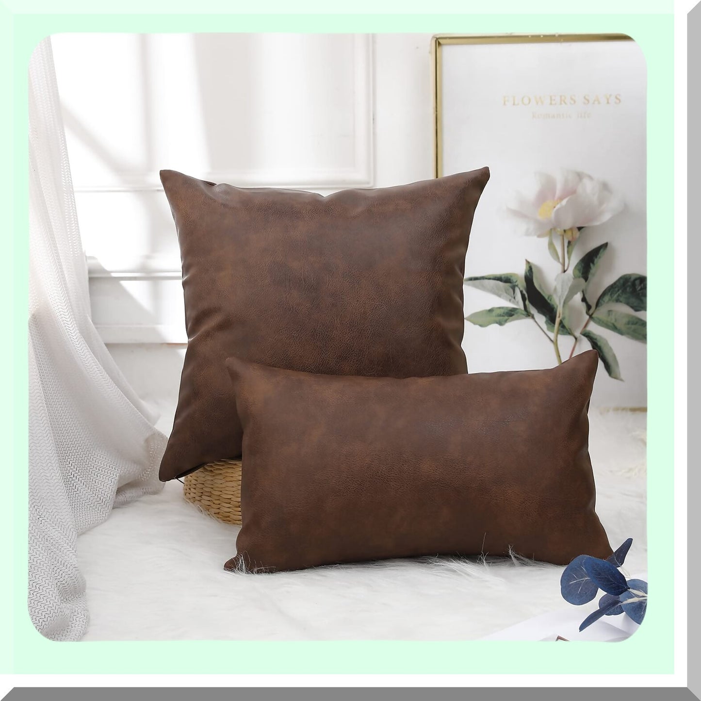 Luxury Leather Lumbar Pillow Covers - Set of 2 Dark Brown Boho Decorative Cushion Cases for Farmhouse Sofa Couch Bed - Modern Livingroom Decor