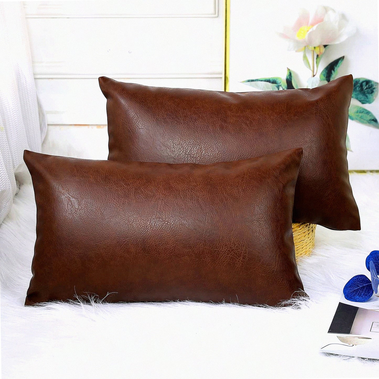 Luxury Leather Lumbar Pillow Covers - Set of 2 Dark Brown Boho Decorative Cushion Cases for Farmhouse Sofa Couch Bed - Modern Livingroom Decor