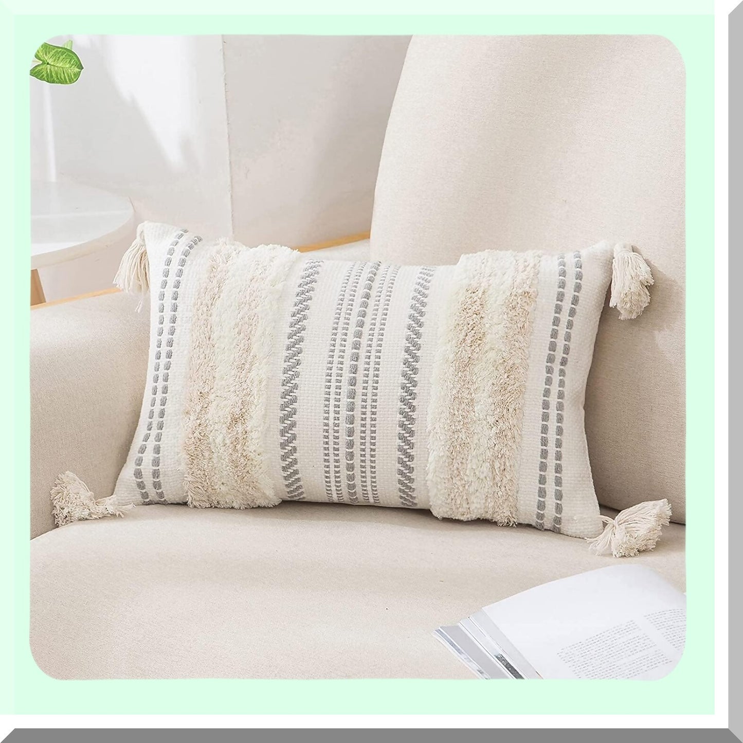 Boho Chic Textured Lumbar Pillow Cover - Neutral Striped Tufted Accent Cushion for Sofa, Bed, Couch - Beige Cream White 12x20 - Pack of 1