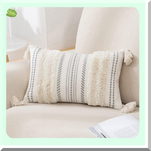Boho Chic Textured Lumbar Pillow Cover - Neutral Striped Tufted Accent Cushion for Sofa, Bed, Couch - Beige Cream White 12x20 - Pack of 1