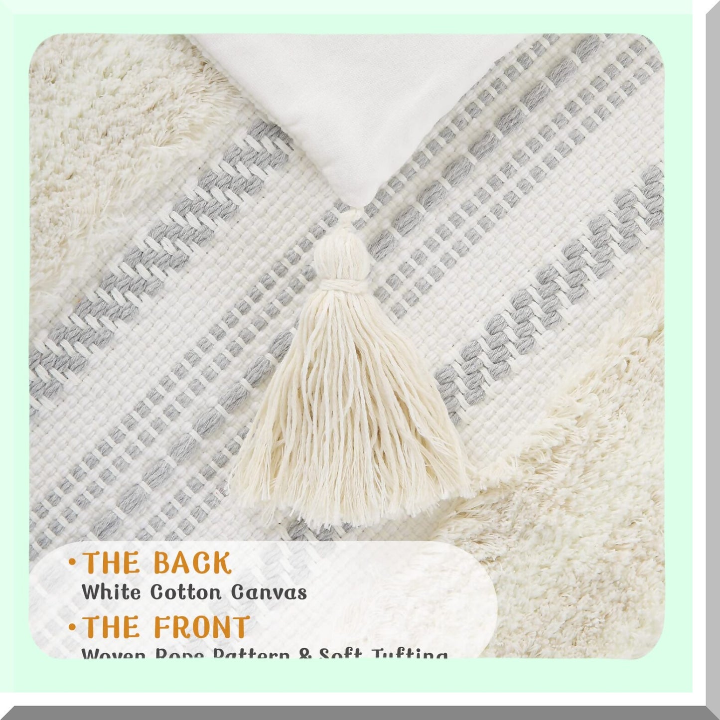 Boho Chic Textured Lumbar Pillow Cover - Neutral Striped Tufted Accent Cushion for Sofa, Bed, Couch - Beige Cream White 12x20 - Pack of 1