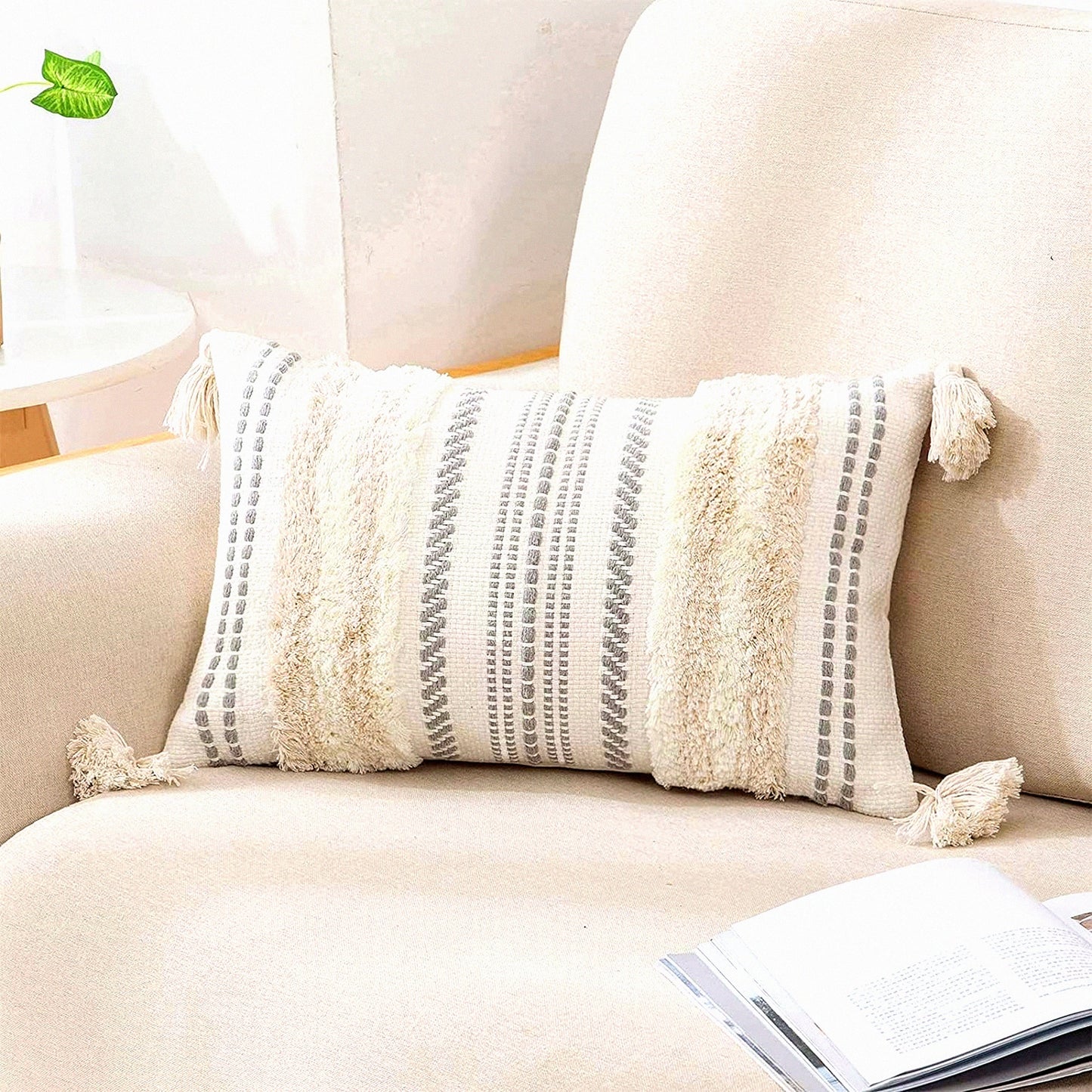 Boho Chic Textured Lumbar Pillow Cover - Neutral Striped Tufted Accent Cushion for Sofa, Bed, Couch - Beige Cream White 12x20 - Pack of 1