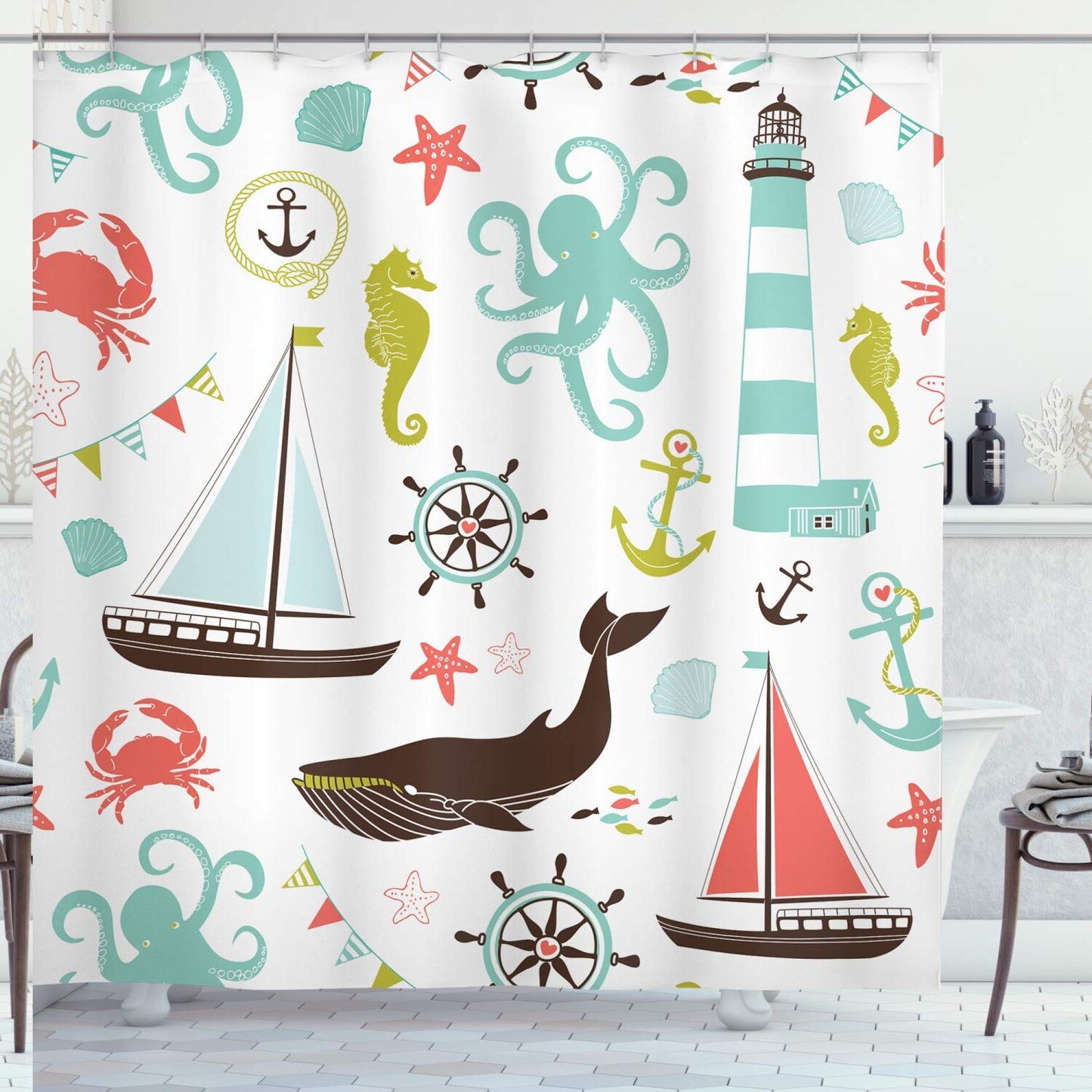 Nautical Shower Curtain Pastel Colors 69x70