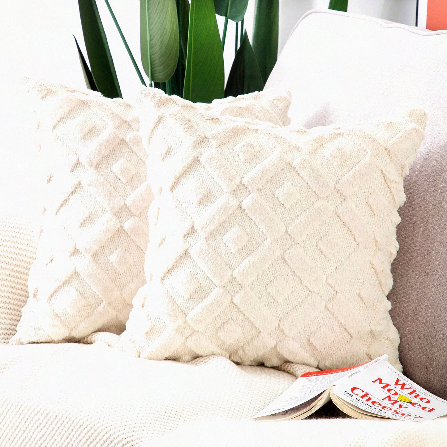 SuperPlush Cozy Wool Throw Pillow Covers - Set of 2 Beige 16x16 Inch Square Decorative Velvet Cushion Cover for Sofa Bedroom Livingroom - Soft & Stylish Pillow Shell