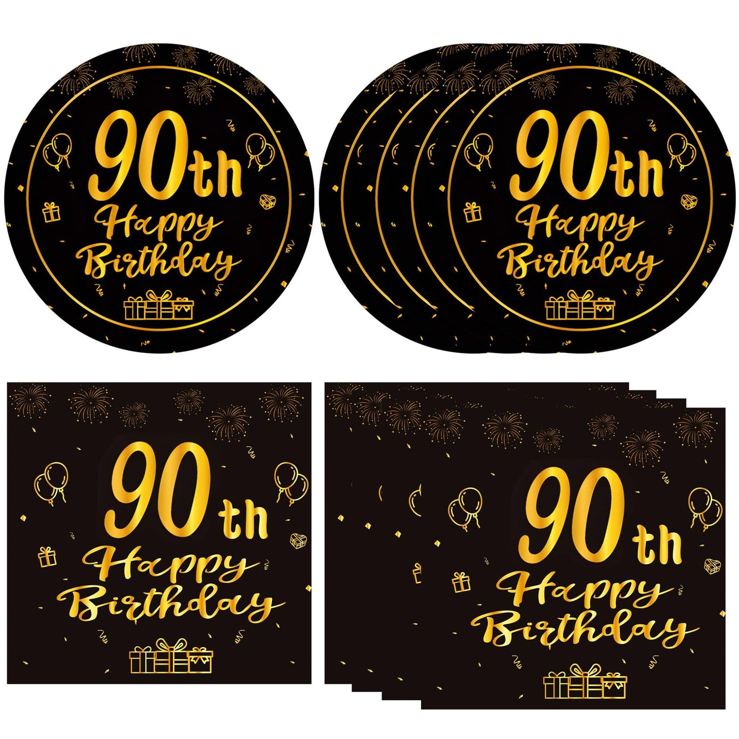 Vintage 1934 Black Gold 90th Birthday Party Set - 40PCS Tableware Decorations for Men Women, 90 Year Old Theme Plates Napkins Favors