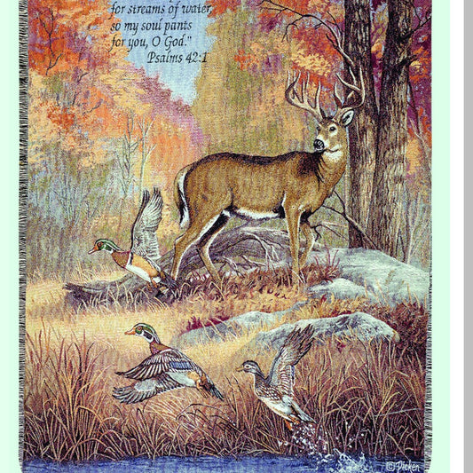 Autumn Serenity 50x60 Tapestry Throw - Inspirational Verse & Feathers Design by Linda Pickens