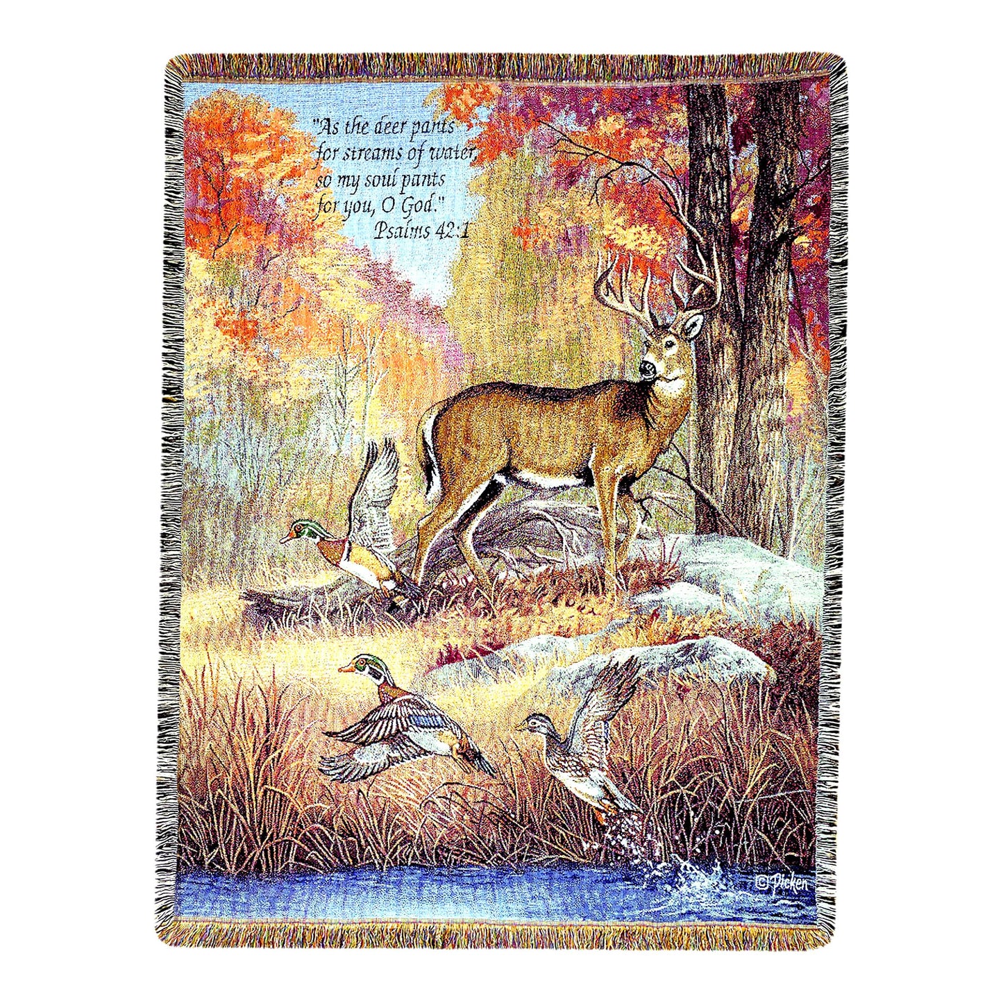 Autumn Serenity 50x60 Tapestry Throw - Inspirational Verse & Feathers Design by Linda Pickens