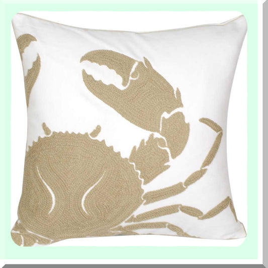 Nautical Crab Embroidered Pillow Cover - Coastal Decor Square 18" Canvas Throw Pillow Cover for Beach House Style Decoration - Wheat Crab Design