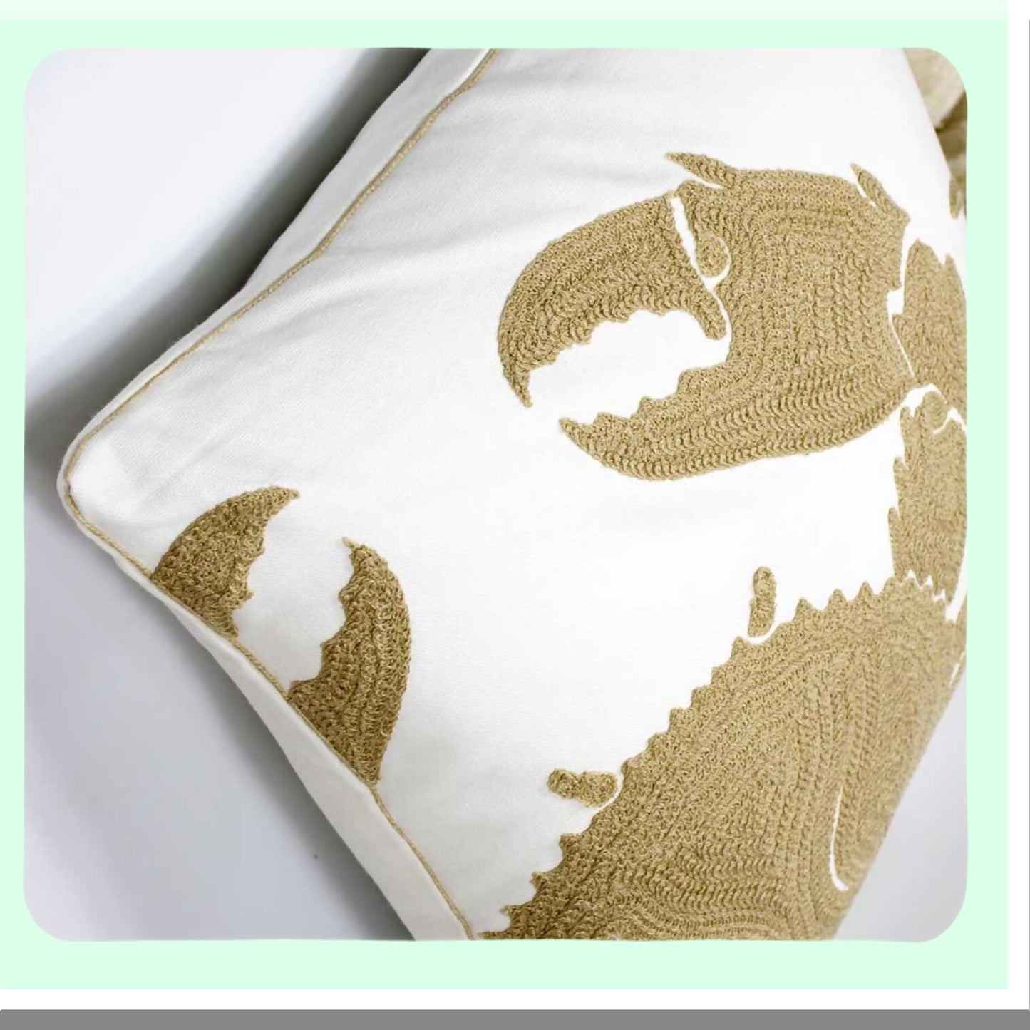Nautical Crab Embroidered Pillow Cover - Coastal Decor Square 18" Canvas Throw Pillow Cover for Beach House Style Decoration - Wheat Crab Design