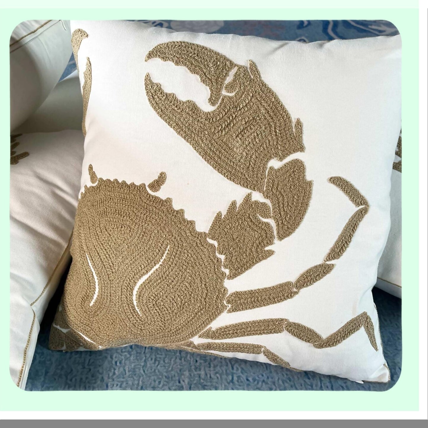 Nautical Crab Embroidered Pillow Cover - Coastal Decor Square 18" Canvas Throw Pillow Cover for Beach House Style Decoration - Wheat Crab Design