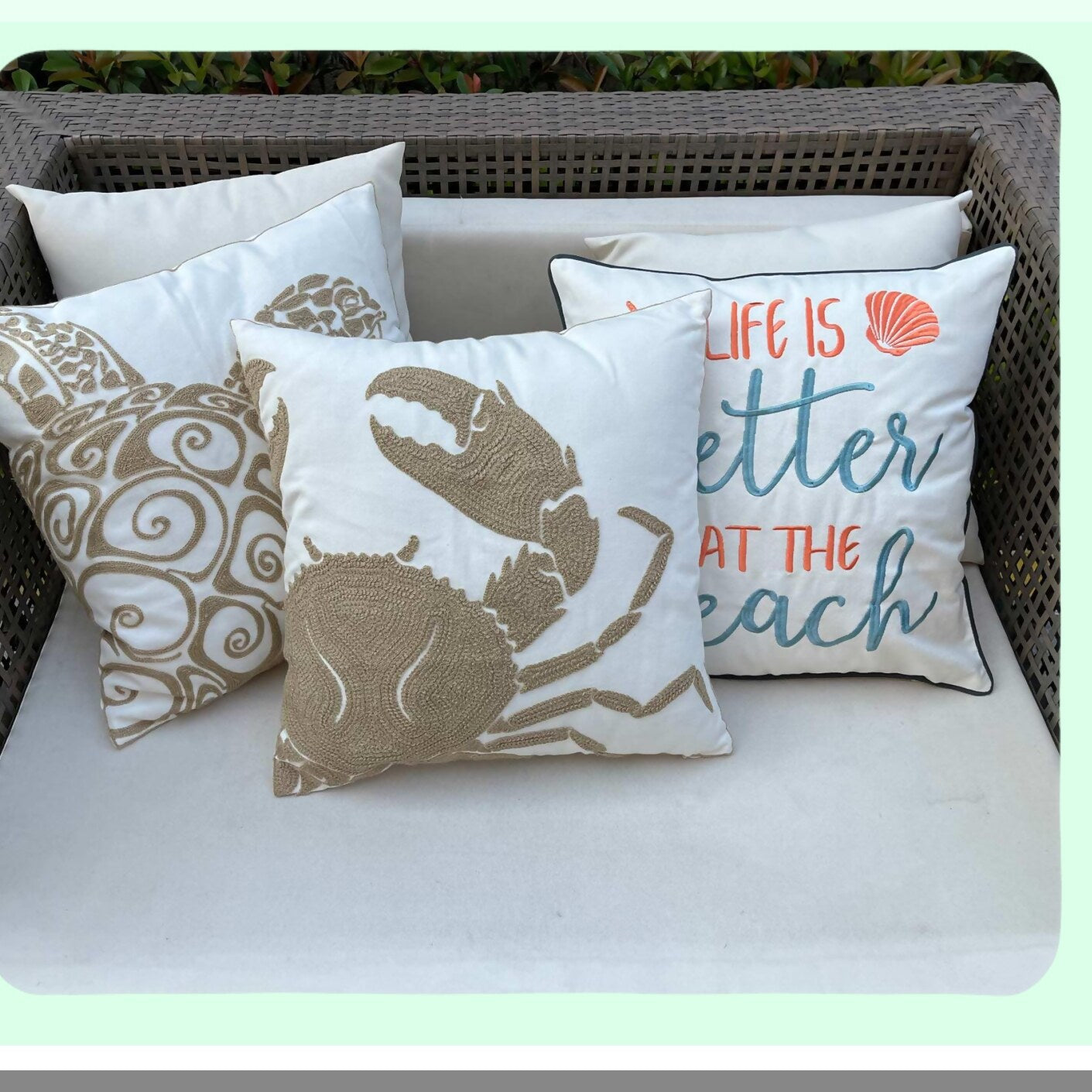 Nautical Crab Embroidered Pillow Cover - Coastal Decor Square 18" Canvas Throw Pillow Cover for Beach House Style Decoration - Wheat Crab Design