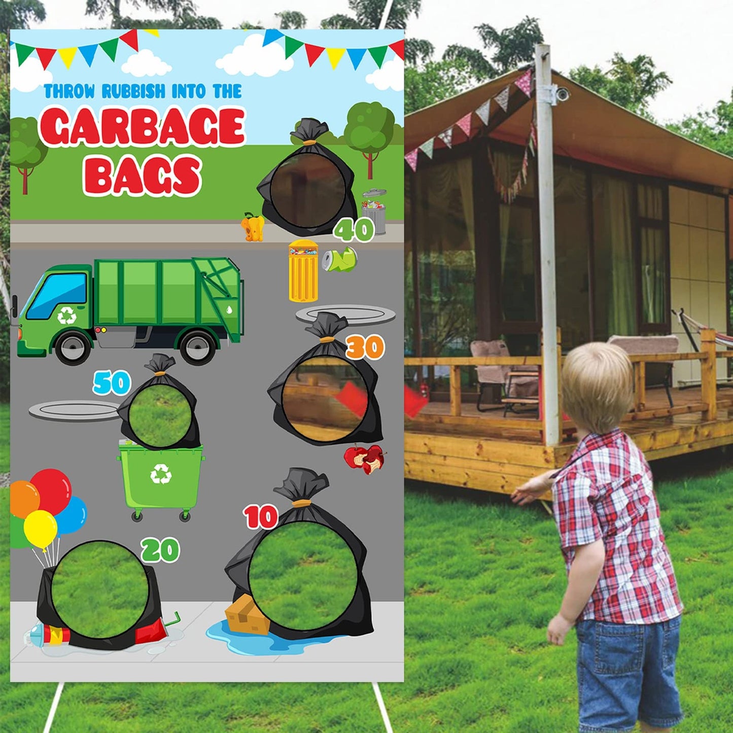 Trash Toss Party Pack - Garbage Truck Banner & Recycling Bin Decor Set for Boy/Girl Birthday, Baby Shower - Waste Management Theme Supplies & Games