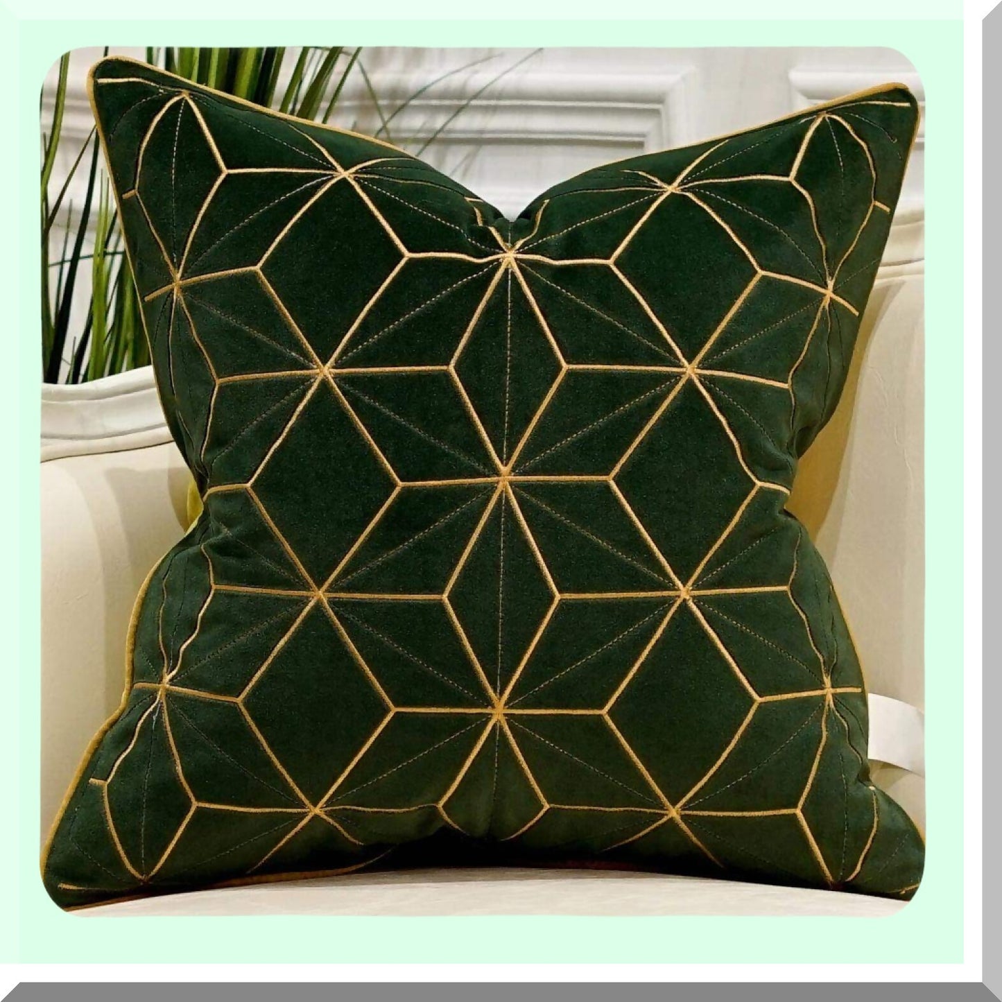 Luxury European Plaid Cushion Cover - Green Gold Throw Pillow for Living Room, Bedroom, Car - Decorative 18x18 Inches Couch Pillow Case