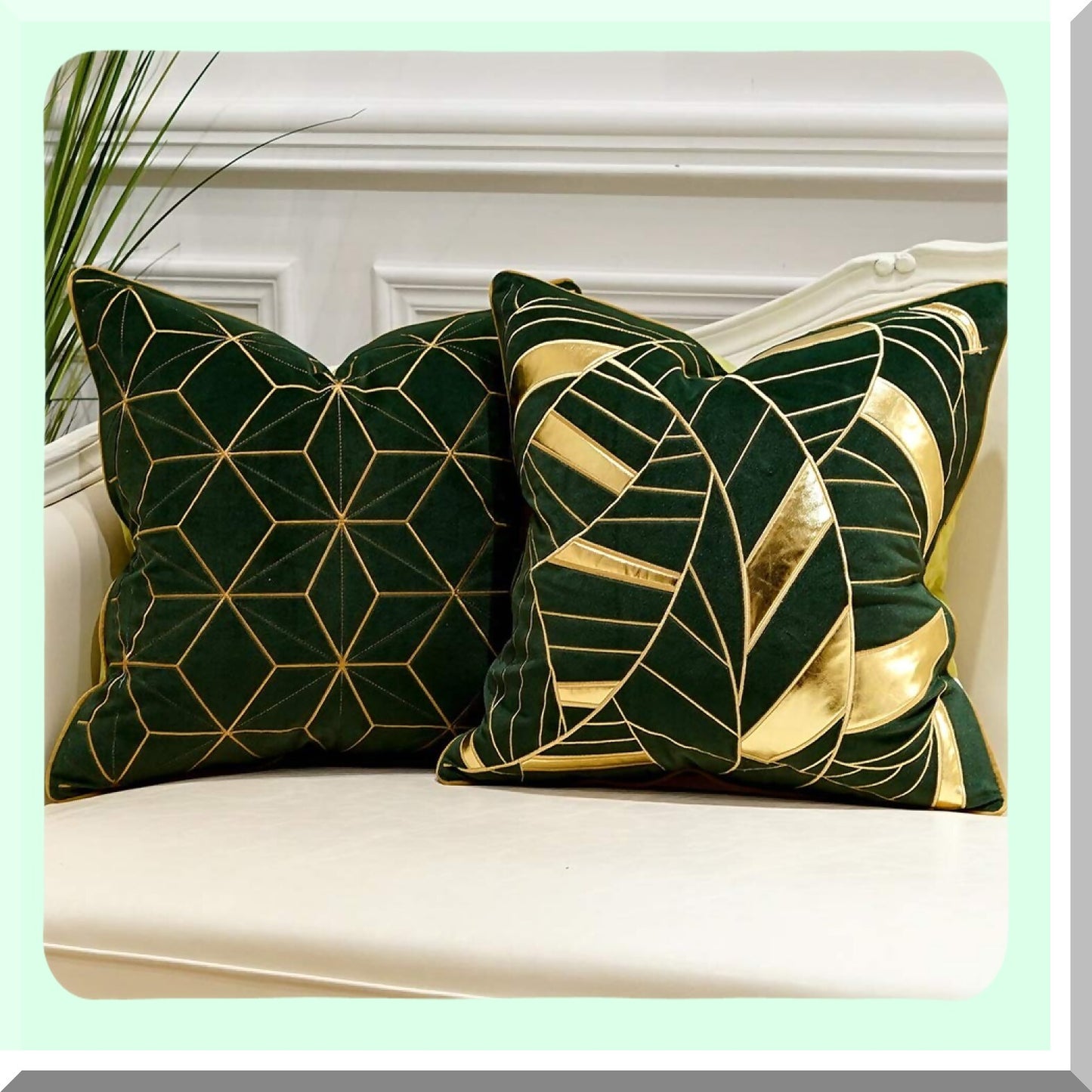 Luxury European Plaid Cushion Cover - Green Gold Throw Pillow for Living Room, Bedroom, Car - Decorative 18x18 Inches Couch Pillow Case