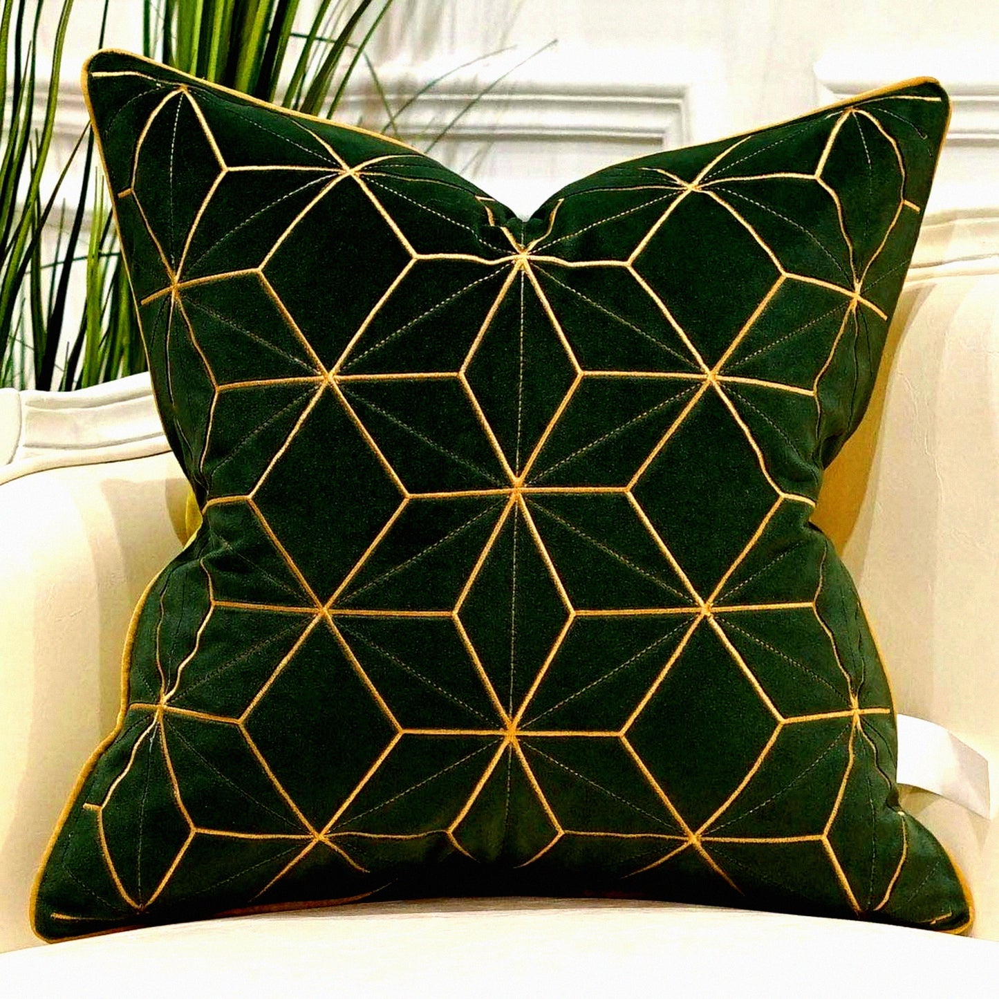 Luxury European Plaid Cushion Cover - Green Gold Throw Pillow for Living Room, Bedroom, Car - Decorative 18x18 Inches Couch Pillow Case