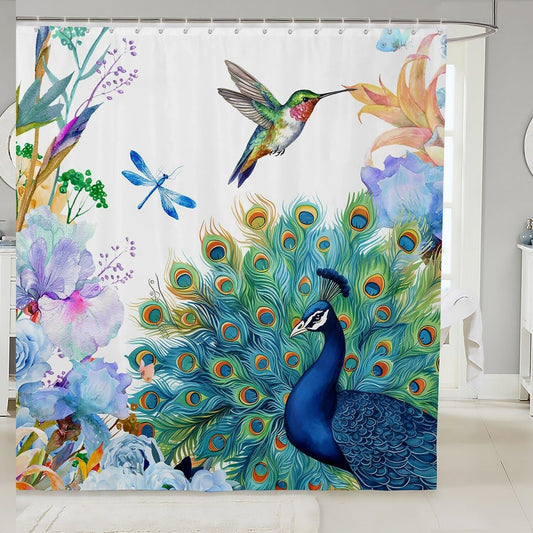 Peacock Hummingbird Dragonfly Shower Curtain 72x72