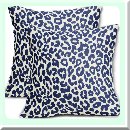 Navy Blue Animal Print Pillow Covers - Set of 2 Chinoiserie Decorative Throw Pillows - Farmhouse Linen Cushion Case for Sofa Couch Bed - Outdoor Pillowcase